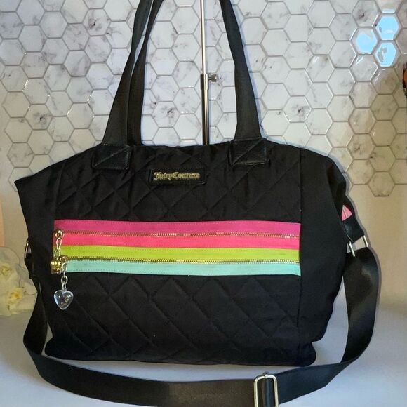 Juicy Couture Black and Pink Quilted Weekender Tote with Sporty Stripes - Picture 2 of 15